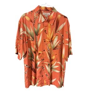 Tommy Bahama Mens Orange Silk Tropical Palm Leaf Print Camp Shirt Medium